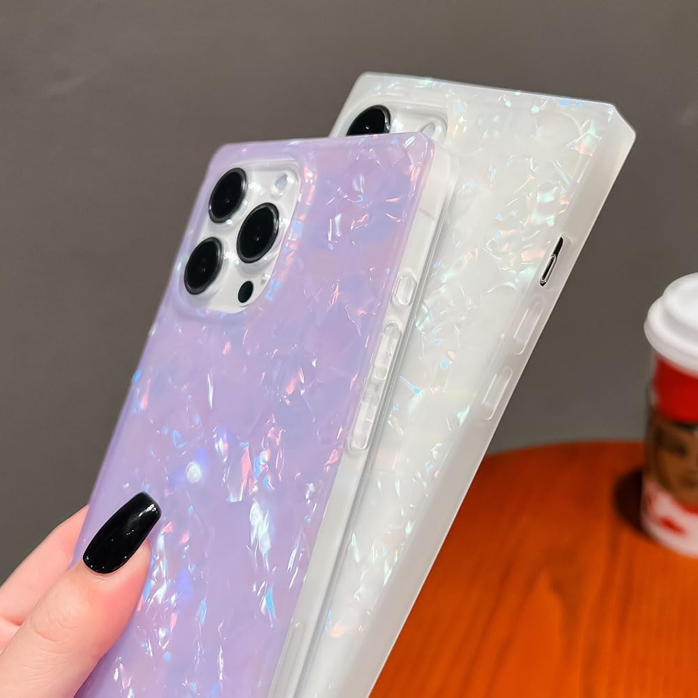 Luxury iPhone Mother of Pearl Case — Slim Rectangle Edge Design, Colorful Abalone Pattern Soft Silicone Cover, Shockproof Stylish Protective Finish