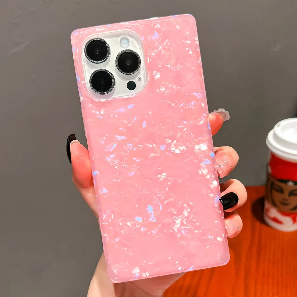 Luxury iPhone Mother of Pearl Case — Slim Rectangle Edge Design, Colorful Abalone Pattern Soft Silicone Cover, Shockproof Stylish Protective Finish