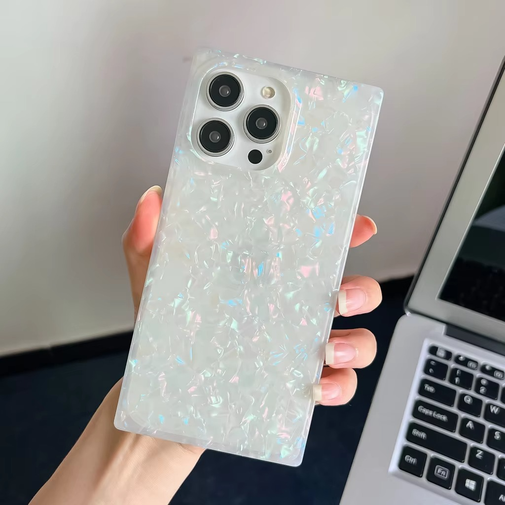 Luxury iPhone Mother of Pearl Case — Slim Rectangle Edge Design, Colorful Abalone Pattern Soft Silicone Cover, Shockproof Stylish Protective Finish