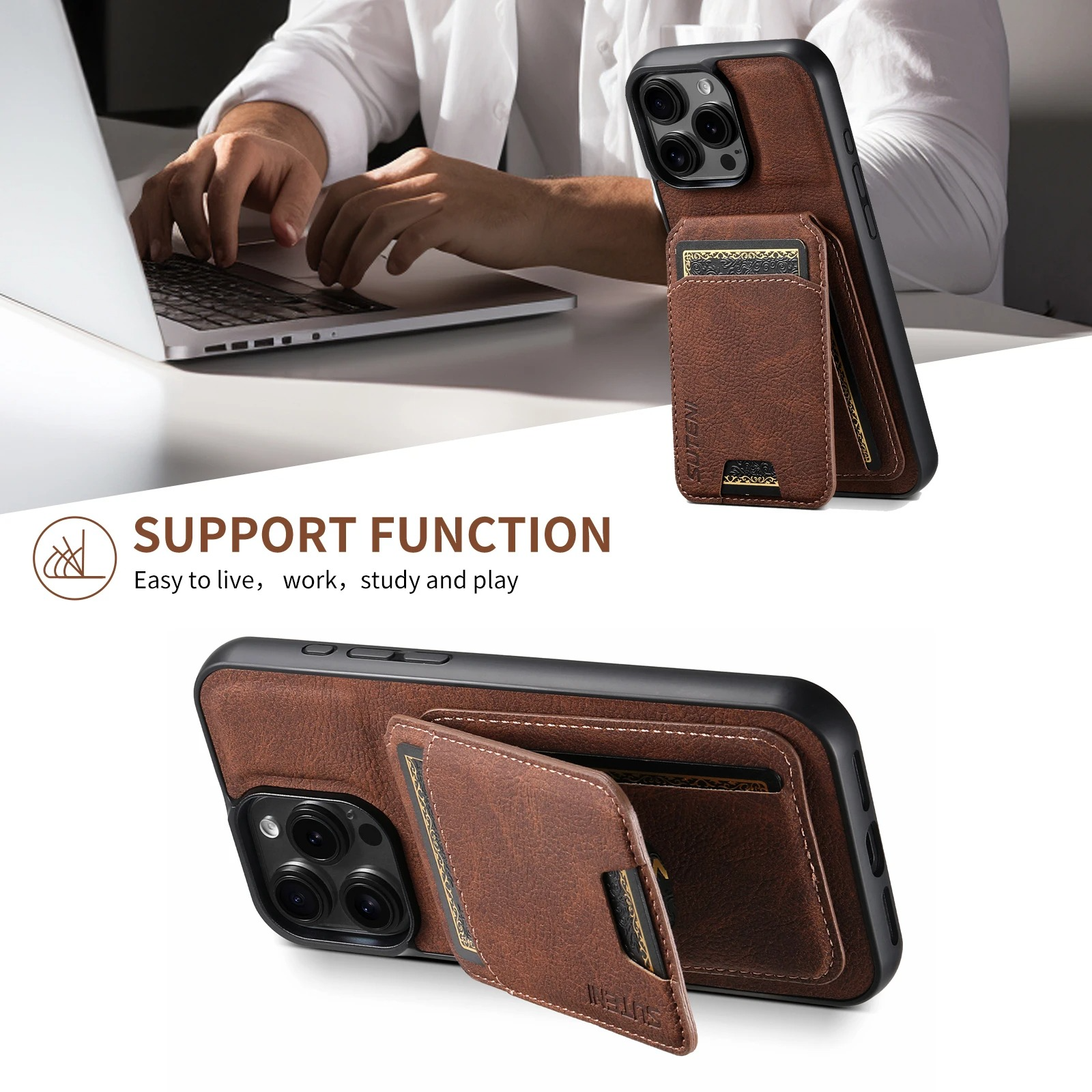 Luxury iPhone PU Leather Wallet Case with Card Holder — Magnetic Stand Cover, Shockproof Protection, Non-Slip Design, Stylish Pocket Phone Cover