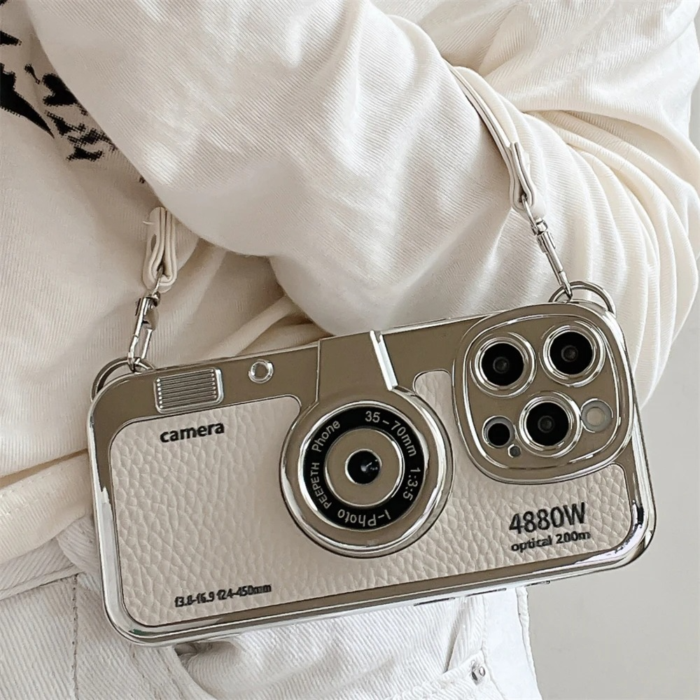 Luxury iPhone Retro Camera Case Emily in Paris Edition — PU Leather Sling Cover with Bracelet Strap, Stylish Pictorial Design, Shockproof Protective Finish