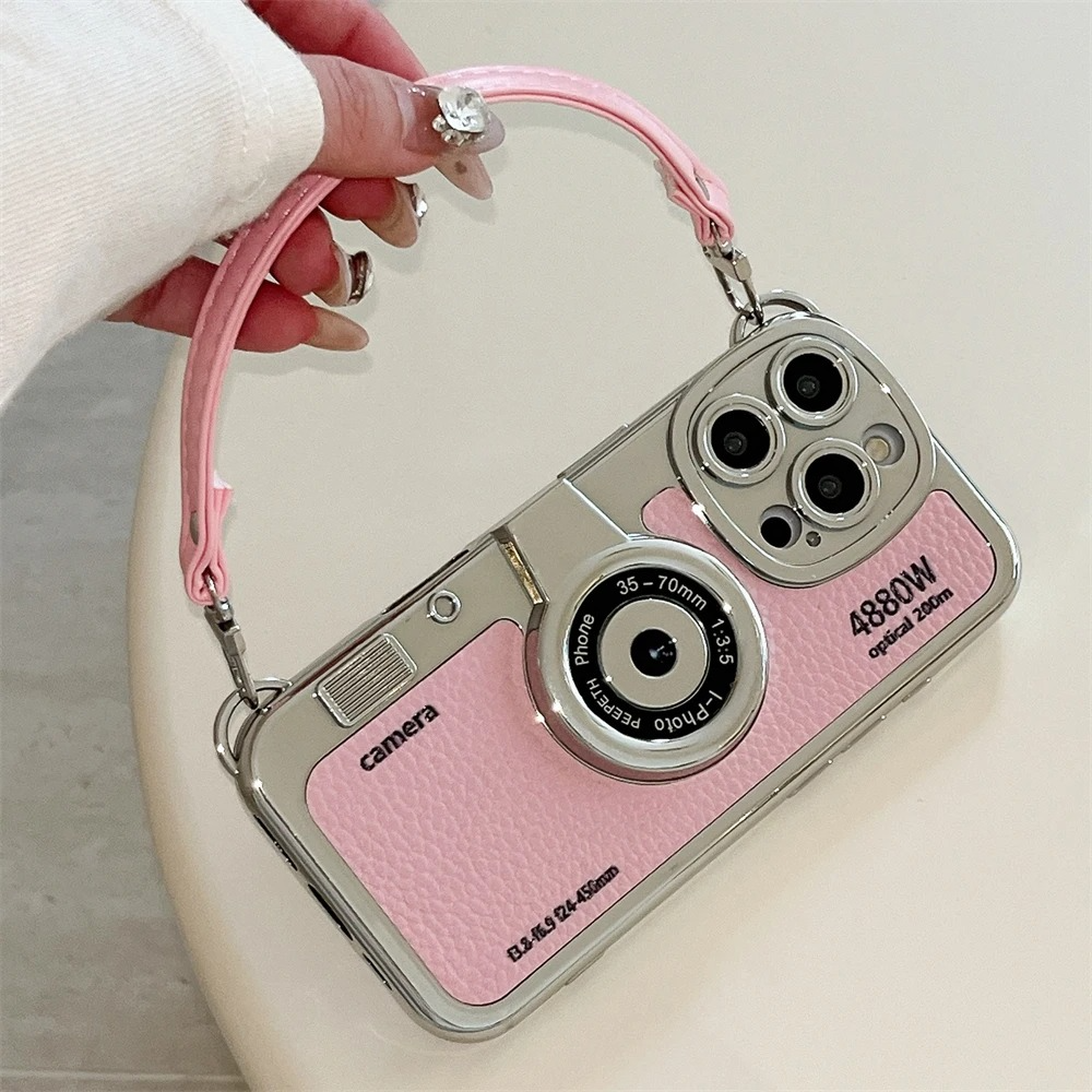 Luxury iPhone Retro Camera Case Emily in Paris Edition — PU Leather Sling Cover with Bracelet Strap, Stylish Pictorial Design, Shockproof Protective Finish