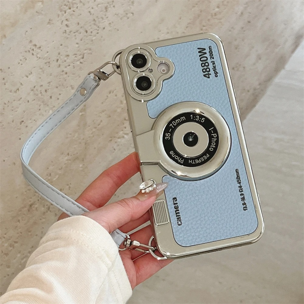 Luxury iPhone Retro Camera Case Emily in Paris Edition — PU Leather Sling Cover with Bracelet Strap, Stylish Pictorial Design, Shockproof Protective Finish