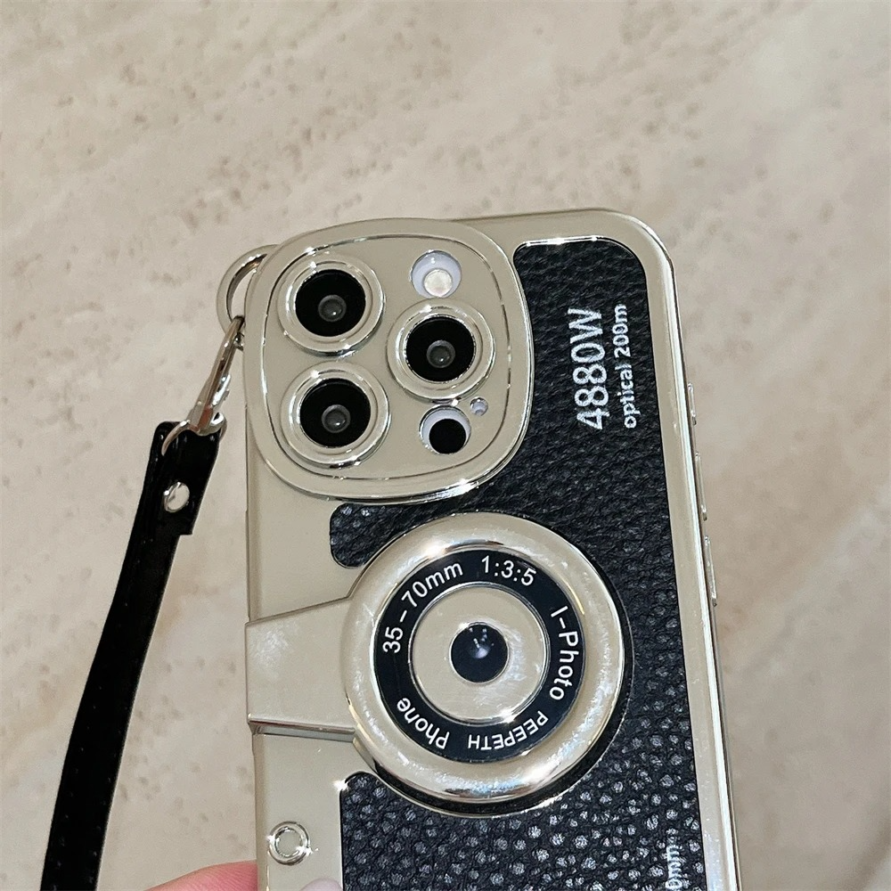 Luxury iPhone Retro Camera Case Emily in Paris Edition — PU Leather Sling Cover with Bracelet Strap, Stylish Pictorial Design, Shockproof Protective Finish