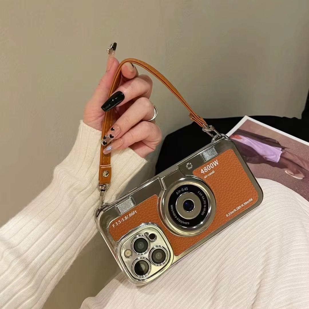 Luxury iPhone Retro Camera Case Emily in Paris Edition — PU Leather Sling Cover with Bracelet Strap, Stylish Pictorial Design, Shockproof Protective Finish