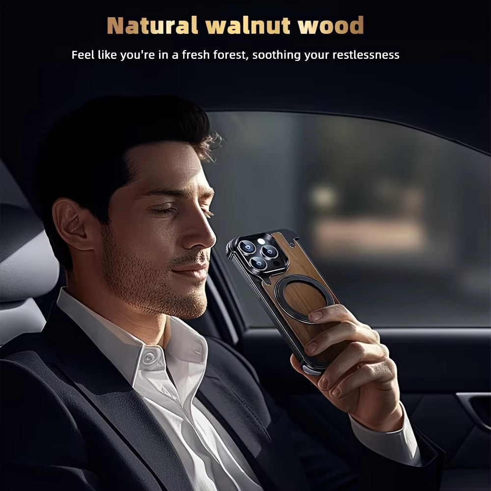 Luxury iPhone Solid Wood MagSafe Case — 360° Rotatable Stand Ring, Aluminum Alloy Bumper, Slim Shockproof Non-Slip Protective Cover