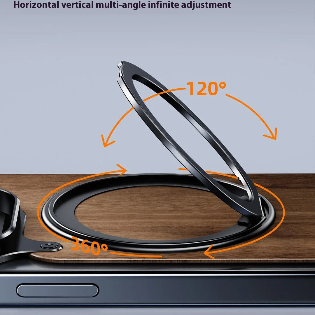 Luxury iPhone Solid Wood MagSafe Case — 360° Rotatable Stand Ring, Aluminum Alloy Bumper, Slim Shockproof Non-Slip Protective Cover