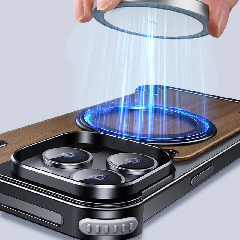 Luxury iPhone Solid Wood MagSafe Case — 360° Rotatable Stand Ring, Aluminum Alloy Bumper, Slim Shockproof Non-Slip Protective Cover