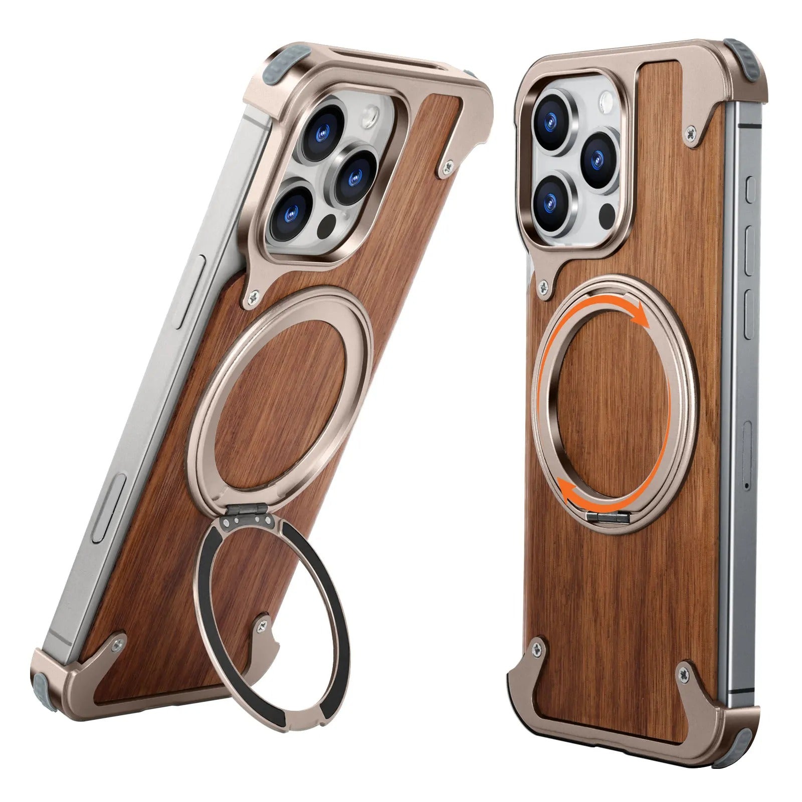 Luxury iPhone Solid Wood MagSafe Case — 360° Rotatable Stand Ring, Aluminum Alloy Bumper, Slim Shockproof Non-Slip Protective Cover