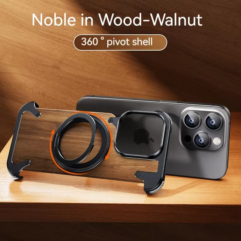 Luxury iPhone Solid Wood MagSafe Case — 360° Rotatable Stand Ring, Aluminum Alloy Bumper, Slim Shockproof Non-Slip Protective Cover