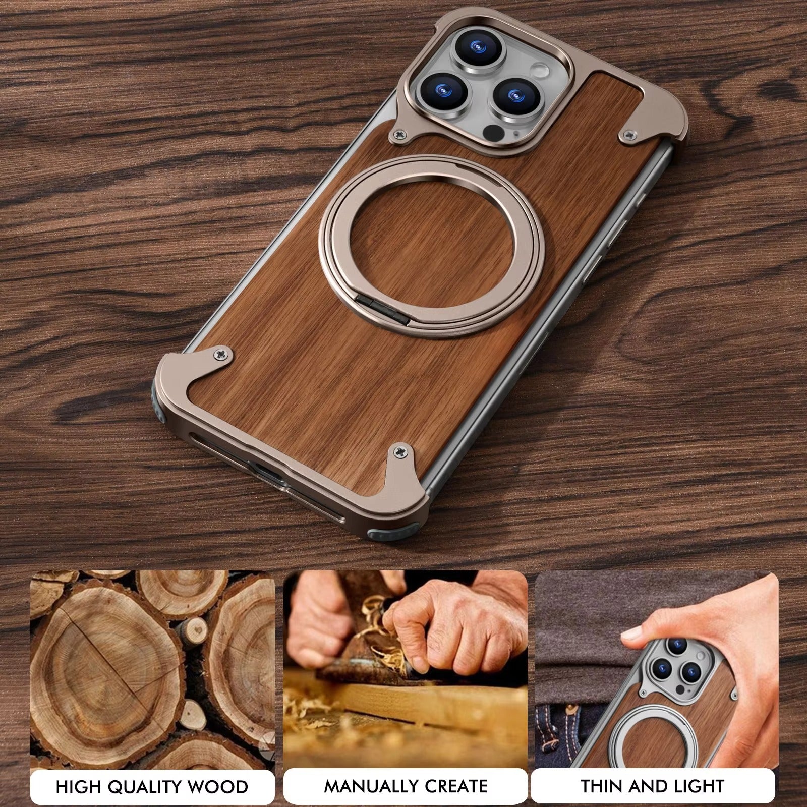 Luxury iPhone Solid Wood MagSafe Case — 360° Rotatable Stand Ring, Aluminum Alloy Bumper, Slim Shockproof Non-Slip Protective Cover