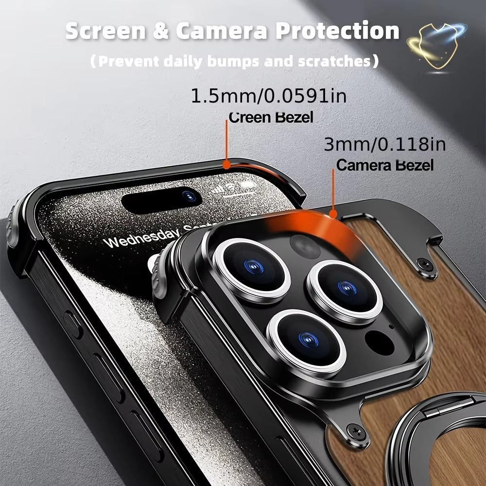 Luxury iPhone Solid Wood MagSafe Case — 360° Rotatable Stand Ring, Aluminum Alloy Bumper, Slim Shockproof Non-Slip Protective Cover