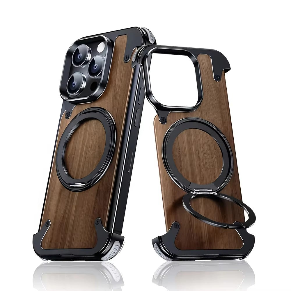 Luxury iPhone Solid Wood MagSafe Case — 360° Rotatable Stand Ring, Aluminum Alloy Bumper, Slim Shockproof Non-Slip Protective Cover