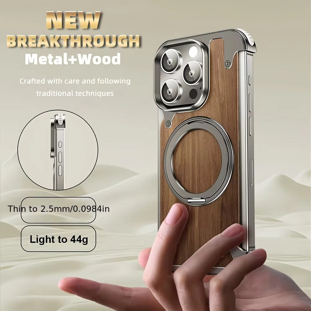 Luxury iPhone Solid Wood MagSafe Case — 360° Rotatable Stand Ring, Aluminum Alloy Bumper, Slim Shockproof Non-Slip Protective Cover