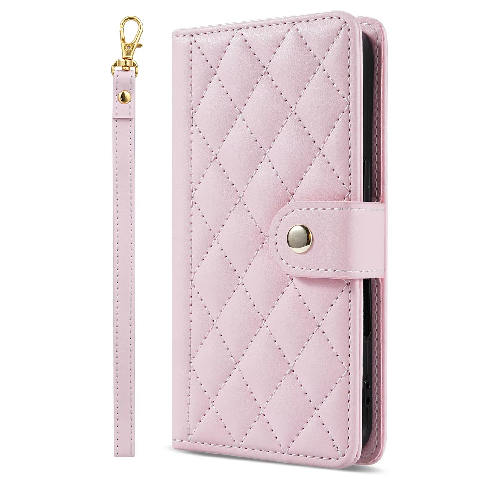 Luxury iPhone Wallet Case 3D Grid Leather Flip Cover — Card Holder Slots, Magnetic Closure, Wrist Strap, Kickstand Function, Shockproof Anti-Fingerprint Design