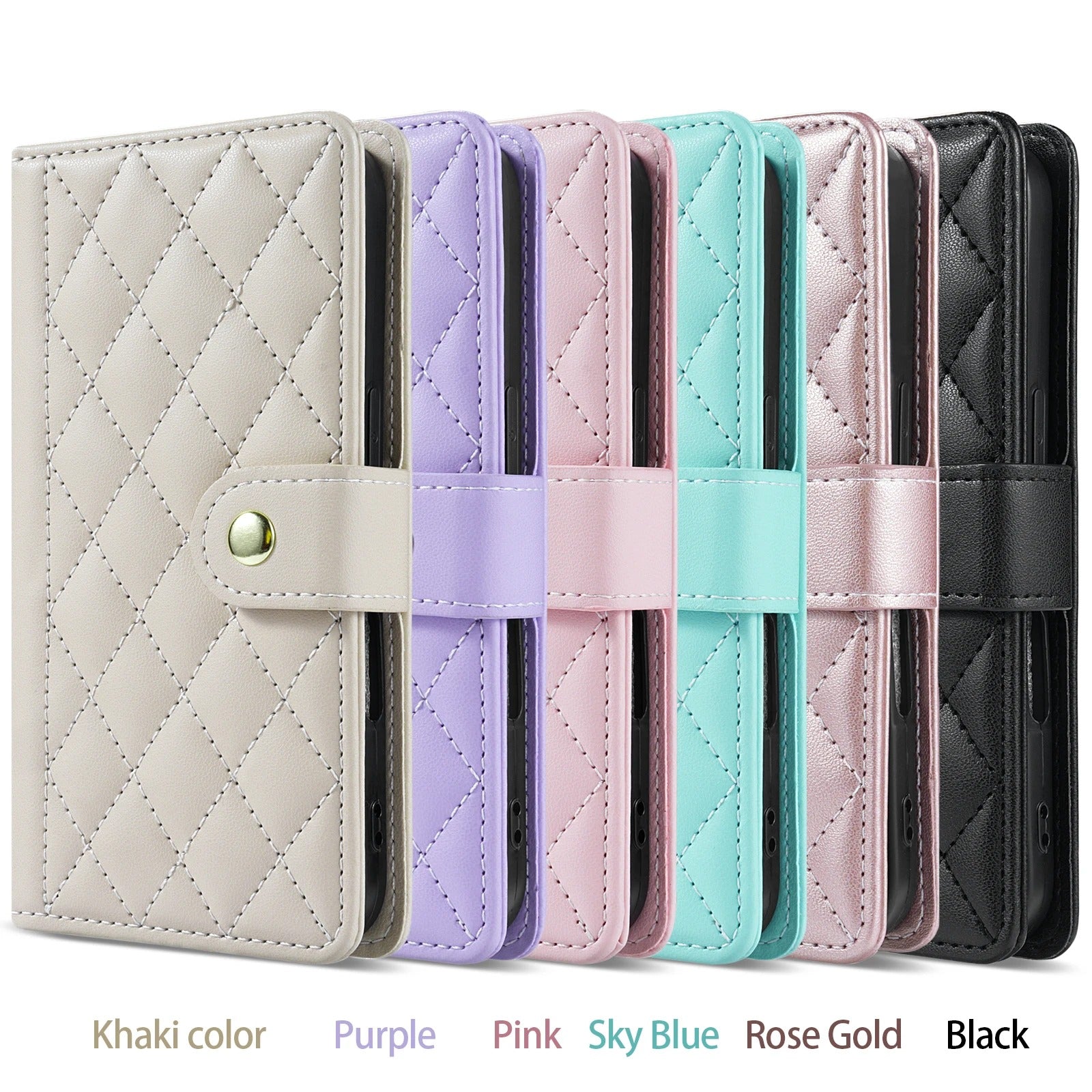 Luxury iPhone Wallet Case 3D Grid Leather Flip Cover — Card Holder Slots, Magnetic Closure, Wrist Strap, Kickstand Function, Shockproof Anti-Fingerprint Design