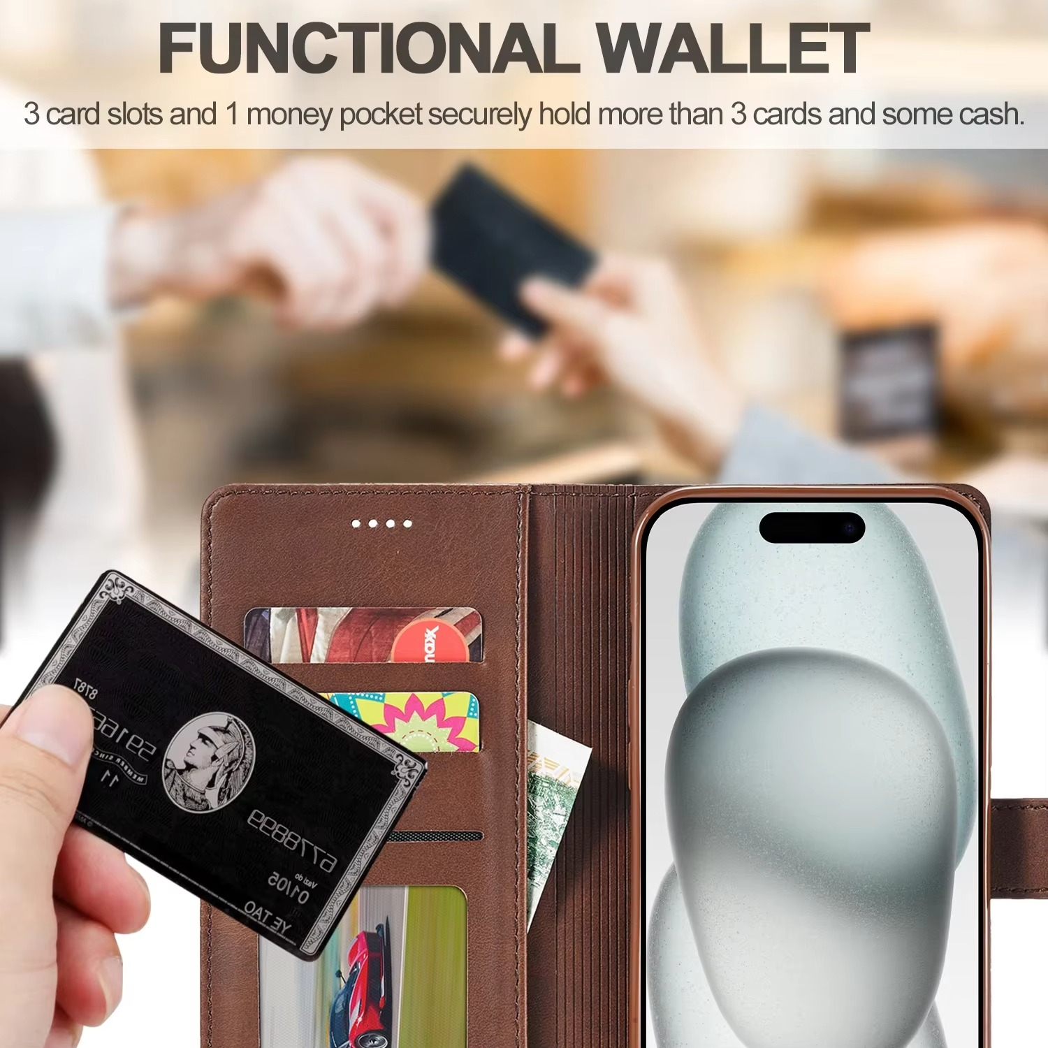 Luxury iPhone Wallet Case PU Leather Folding Cover — Card Holder Slot, Kickstand Function, Full Access to Ports, Shockproof Drop Protection