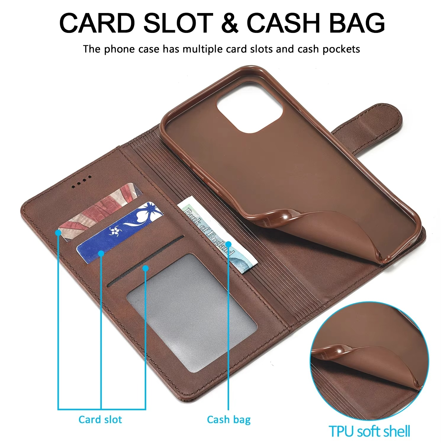 Luxury iPhone Wallet Case PU Leather Folding Cover — Card Holder Slot, Kickstand Function, Full Access to Ports, Shockproof Drop Protection