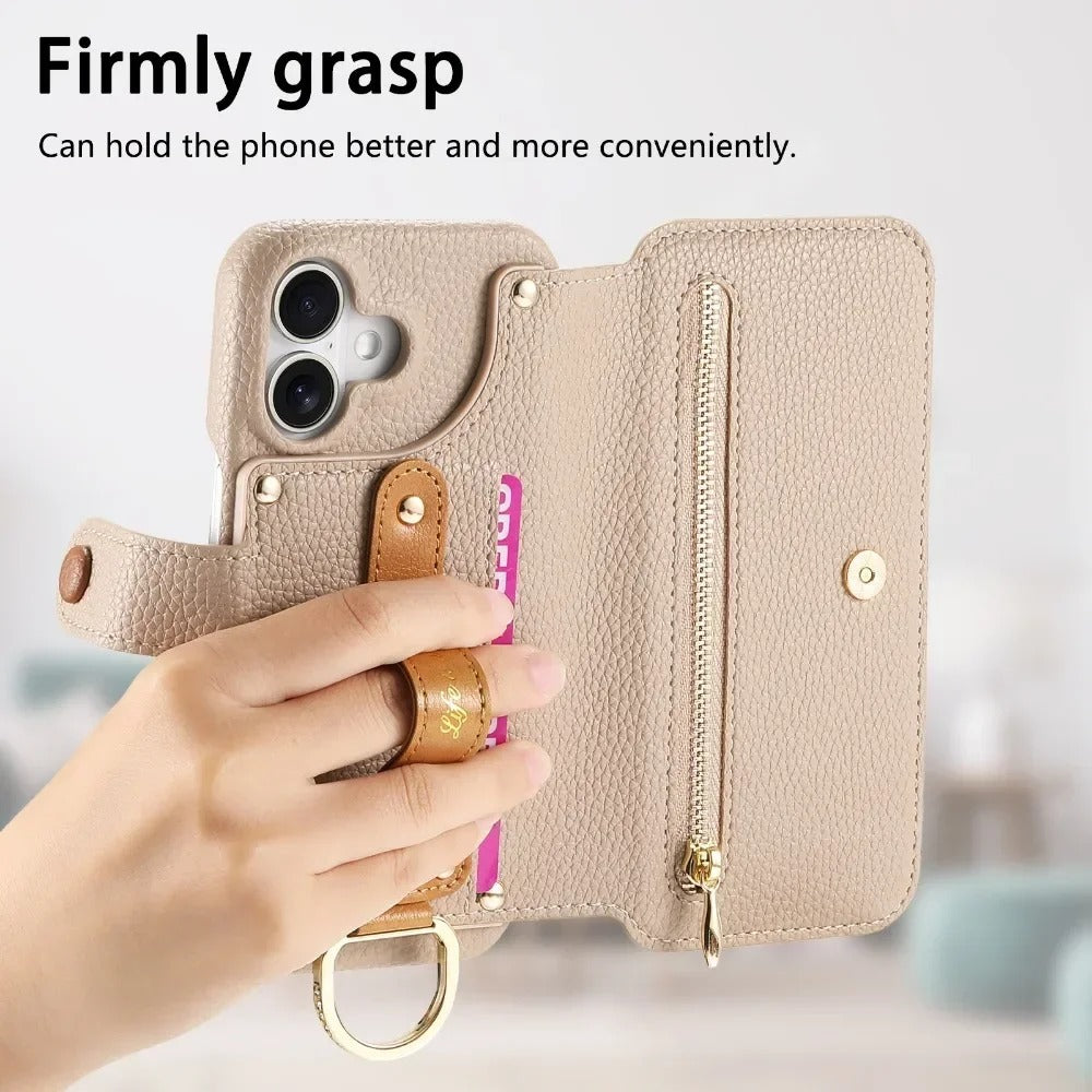 Luxury iPhone Wallet Case with Card Slot Holder — PU Leather Cover, Wrist Strap Ring, Kickstand Function, Shockproof Anti-Fingerprint Dustproof Protection