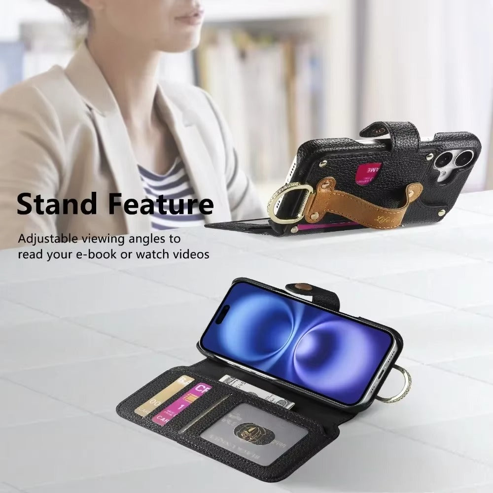 Luxury iPhone Wallet Case with Card Slot Holder — PU Leather Cover, Wrist Strap Ring, Kickstand Function, Shockproof Anti-Fingerprint Dustproof Protection