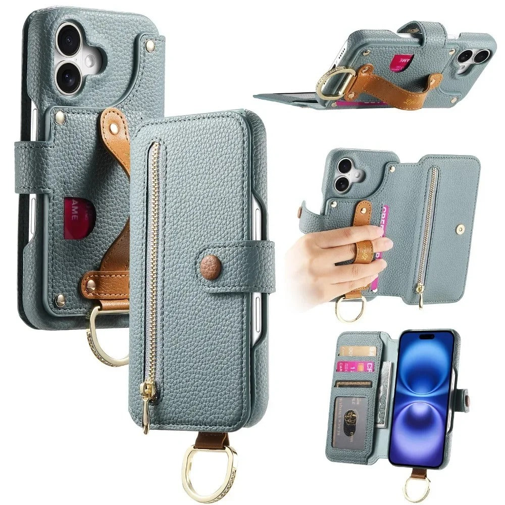 Luxury iPhone Wallet Case with Card Slot Holder — PU Leather Cover, Wrist Strap Ring, Kickstand Function, Shockproof Anti-Fingerprint Dustproof Protection