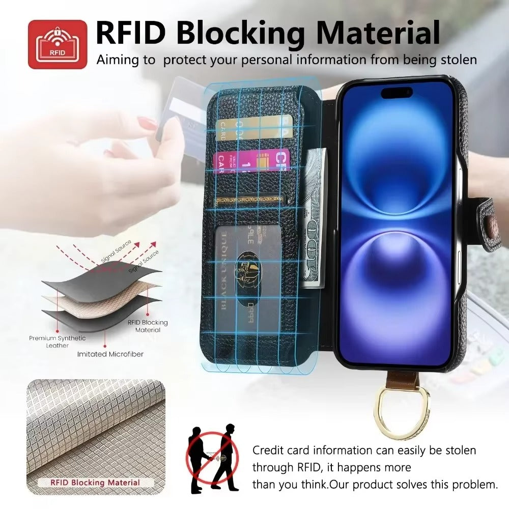 Luxury iPhone Wallet Case with Card Slot Holder — PU Leather Cover, Wrist Strap Ring, Kickstand Function, Shockproof Anti-Fingerprint Dustproof Protection