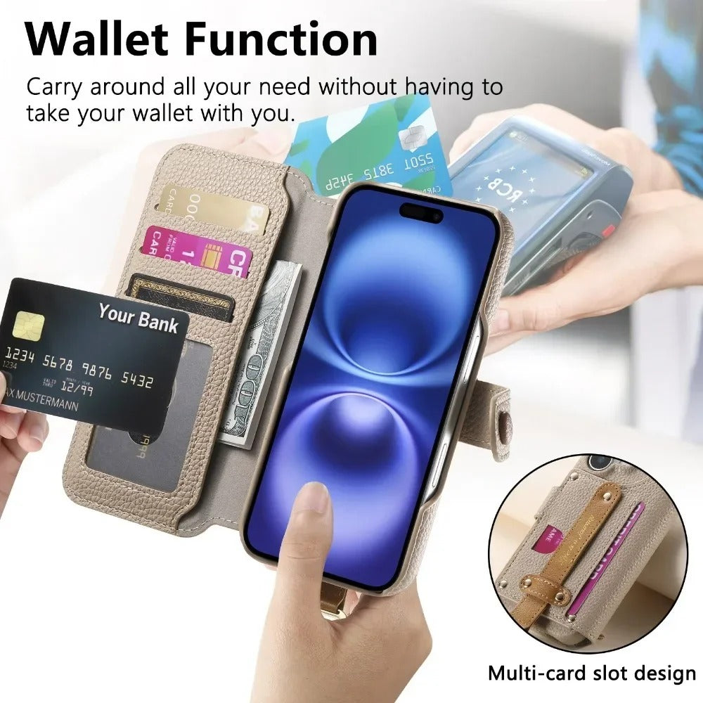 Luxury iPhone Wallet Case with Card Slot Holder — PU Leather Cover, Wrist Strap Ring, Kickstand Function, Shockproof Anti-Fingerprint Dustproof Protection