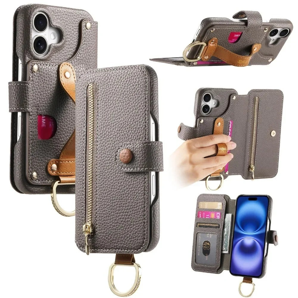 Luxury iPhone Wallet Case with Card Slot Holder — PU Leather Cover, Wrist Strap Ring, Kickstand Function, Shockproof Anti-Fingerprint Dustproof Protection