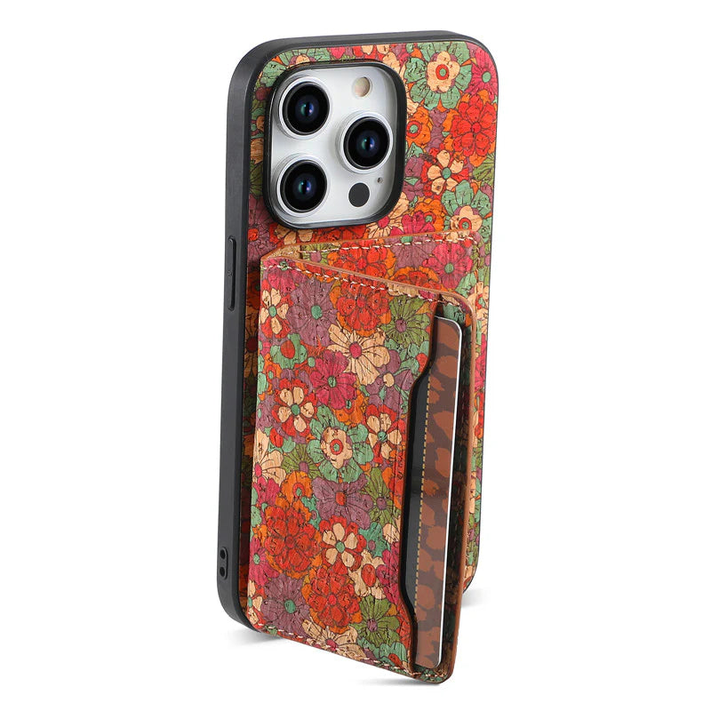 Luxury iPhone Wallet Case with Card Slots — Floral Pattern PU Leather Cover, Kickstand Function, Shockproof Non-Slip Design, Stylish Full Body Protection