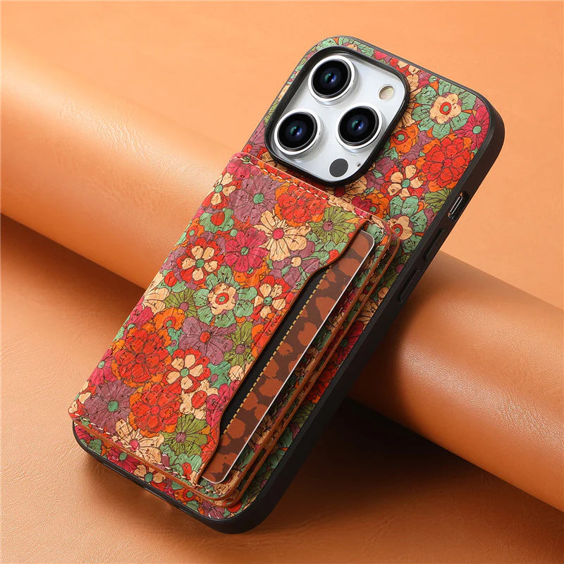 Luxury iPhone Wallet Case with Card Slots — Floral Pattern PU Leather Cover, Kickstand Function, Shockproof Non-Slip Design, Stylish Full Body Protection