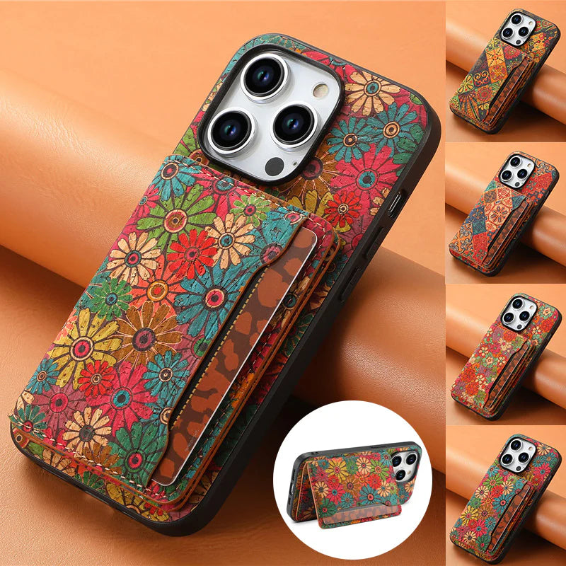 Luxury iPhone Wallet Case with Card Slots — Floral Pattern PU Leather Cover, Kickstand Function, Shockproof Non-Slip Design, Stylish Full Body Protection