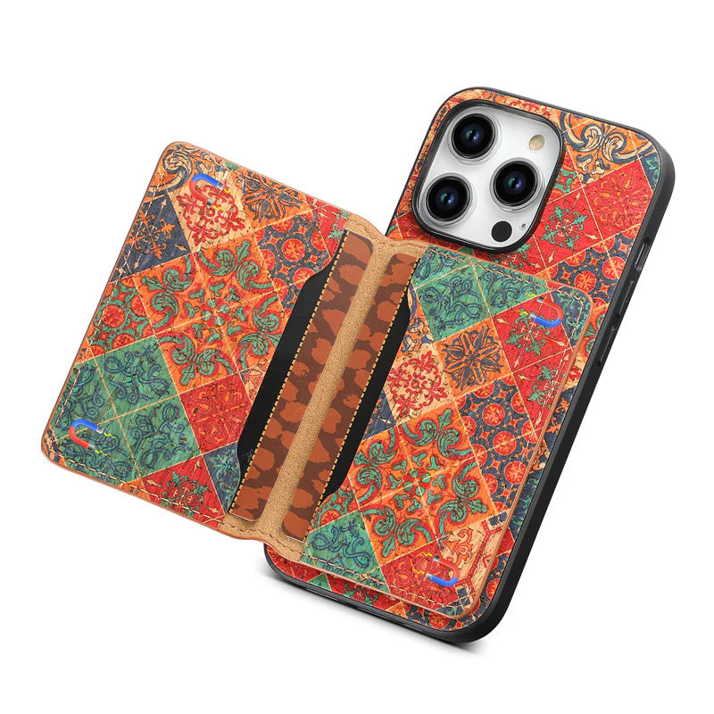 Luxury iPhone Wallet Case with Card Slots — Floral Pattern PU Leather Cover, Kickstand Function, Shockproof Non-Slip Design, Stylish Full Body Protection