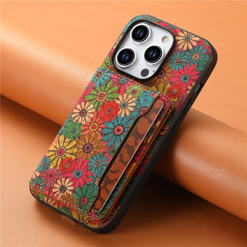 Luxury iPhone Wallet Case with Card Slots — Floral Pattern PU Leather Cover, Kickstand Function, Shockproof Non-Slip Design, Stylish Full Body Protection