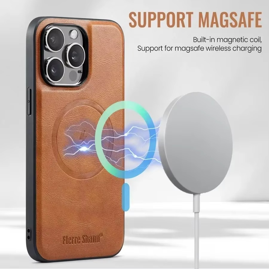 Luxury iPhone Wallet Case with MagSafe Wireless Charging — Magnetic Detachable Cover, Retro PU Leather Design, Card Slots with Photo Holder, Full Protection