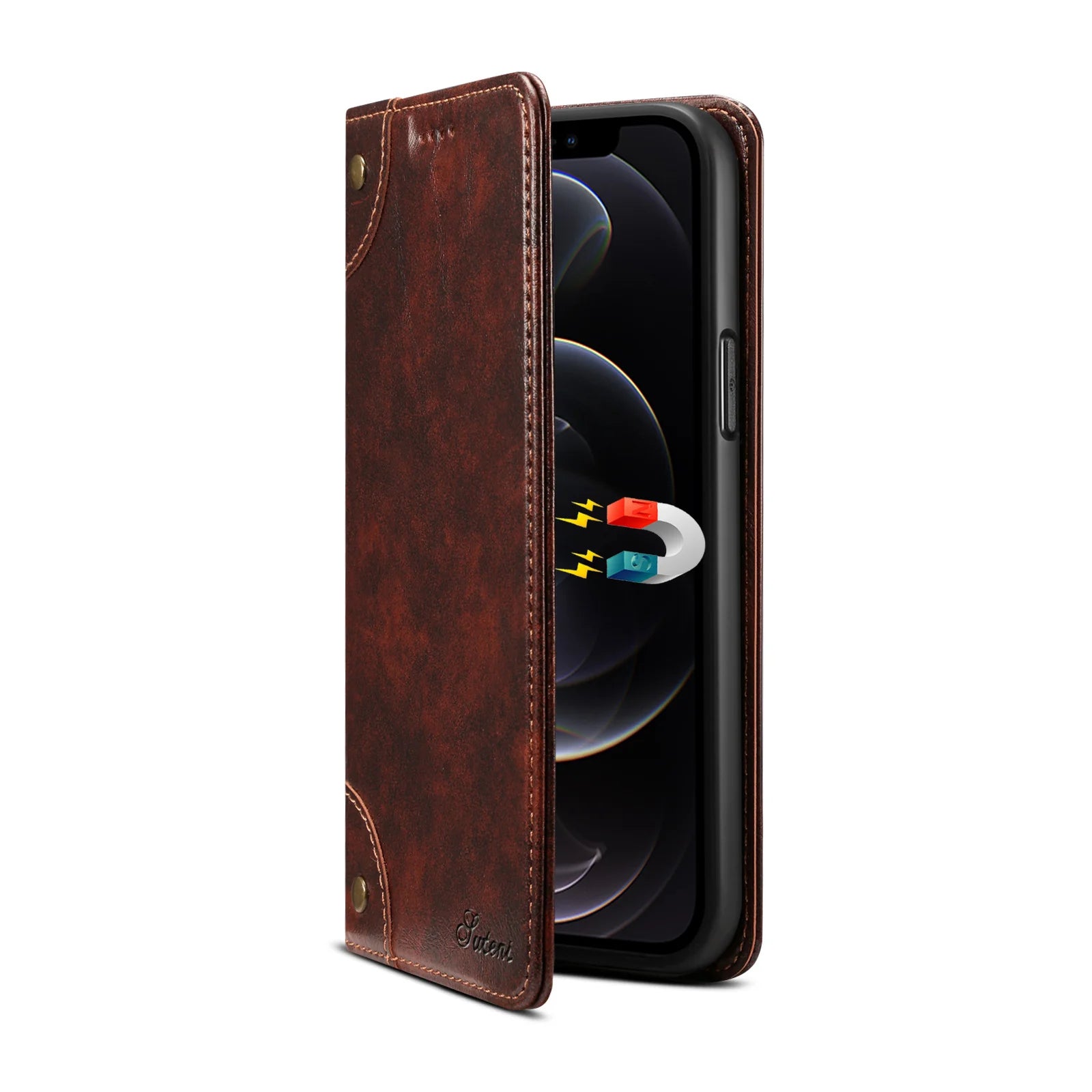 Luxury iPhone Wallet Flip Case Genuine Leather — Magnetic Book-Style Cover with Card Slots, Kickstand Function, Water-Resistant Full Body Protection