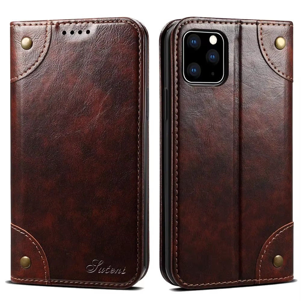 Luxury iPhone Wallet Flip Case Genuine Leather — Magnetic Book-Style Cover with Card Slots, Kickstand Function, Water-Resistant Full Body Protection