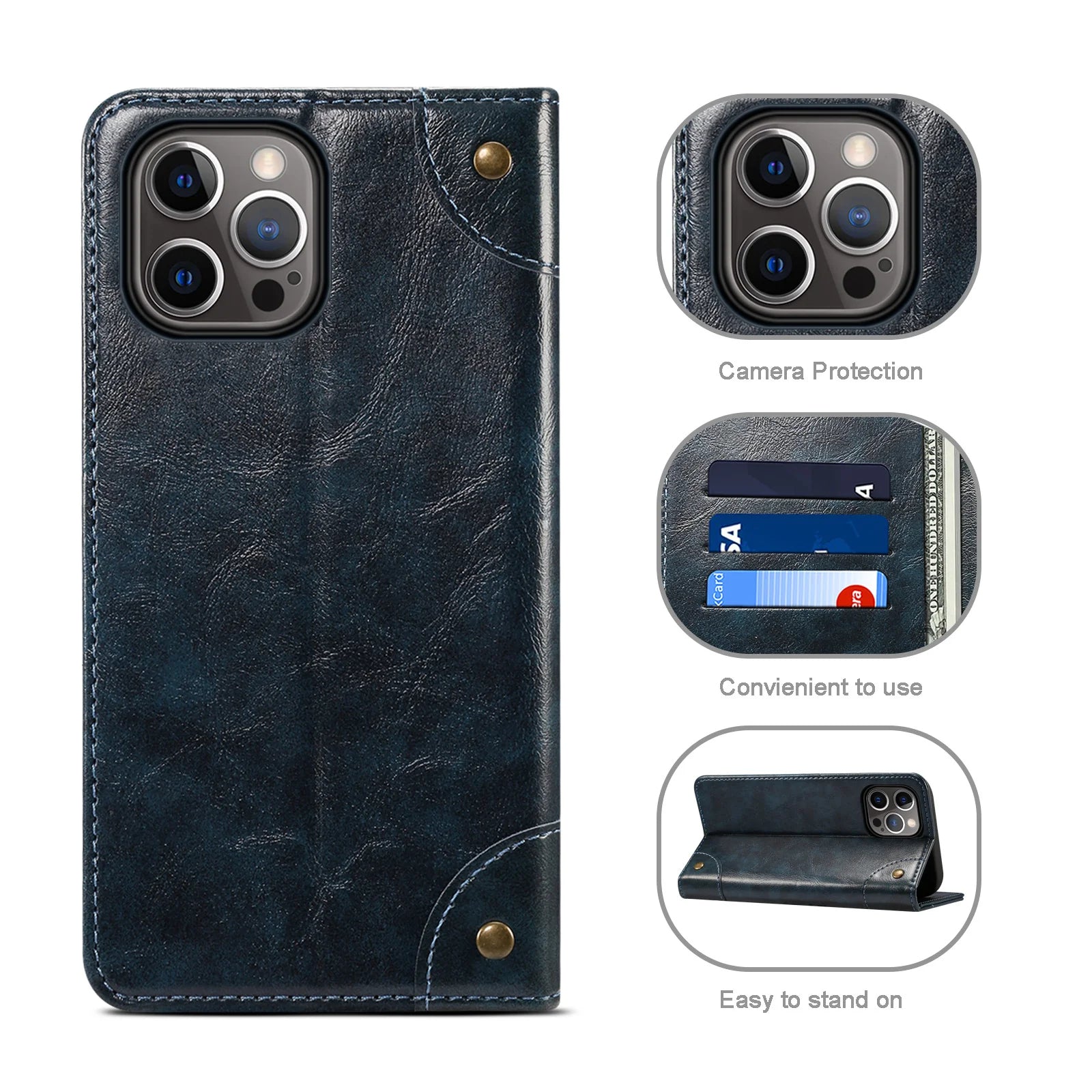 Luxury iPhone Wallet Flip Case Genuine Leather — Magnetic Book-Style Cover with Card Slots, Kickstand Function, Water-Resistant Full Body Protection
