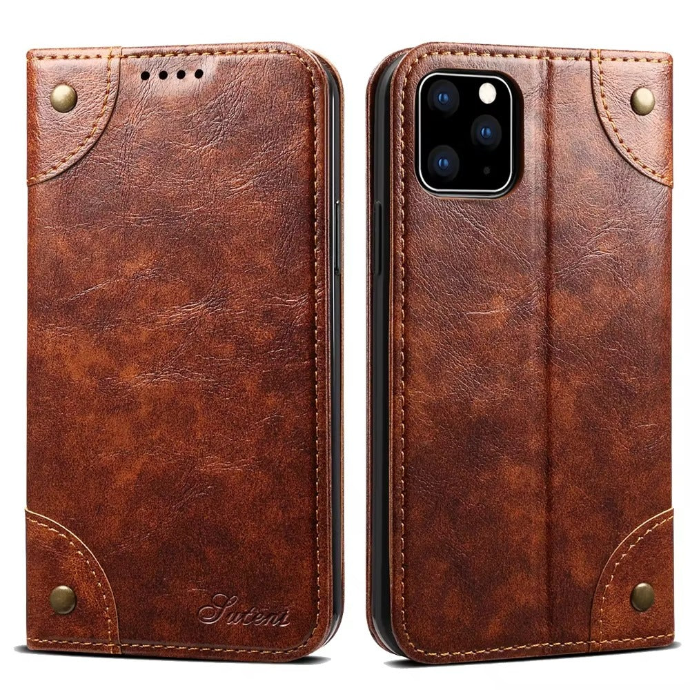 Luxury iPhone Wallet Flip Case Genuine Leather — Magnetic Book-Style Cover with Card Slots, Kickstand Function, Water-Resistant Full Body Protection
