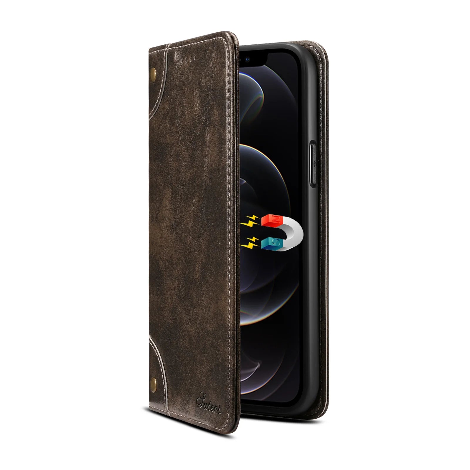 Luxury iPhone Wallet Flip Case Genuine Leather — Magnetic Book-Style Cover with Card Slots, Kickstand Function, Water-Resistant Full Body Protection