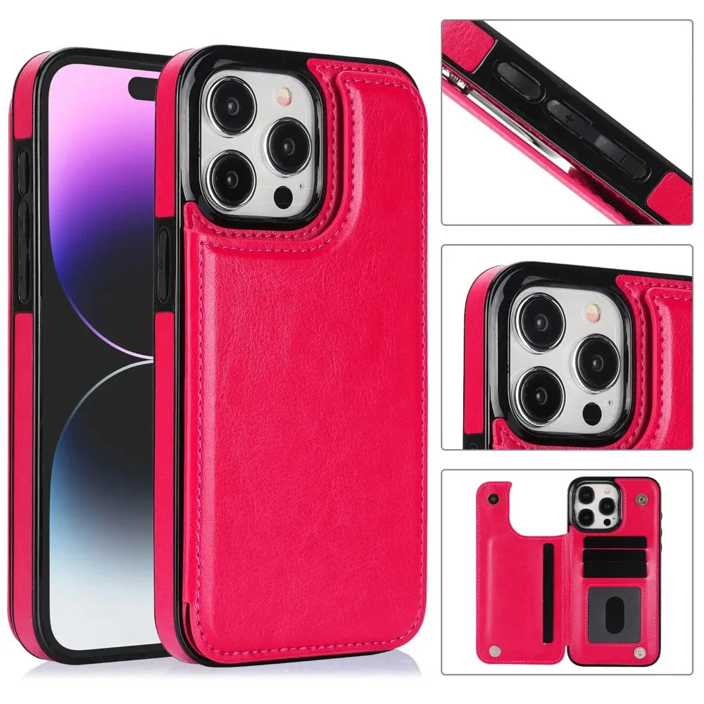 Luxury iPhone Wallet Flip Leather Case — Double Button Card Slot Holder, Stand Function, Full Coverage Shockproof Protection, Non-Slip Durable Design