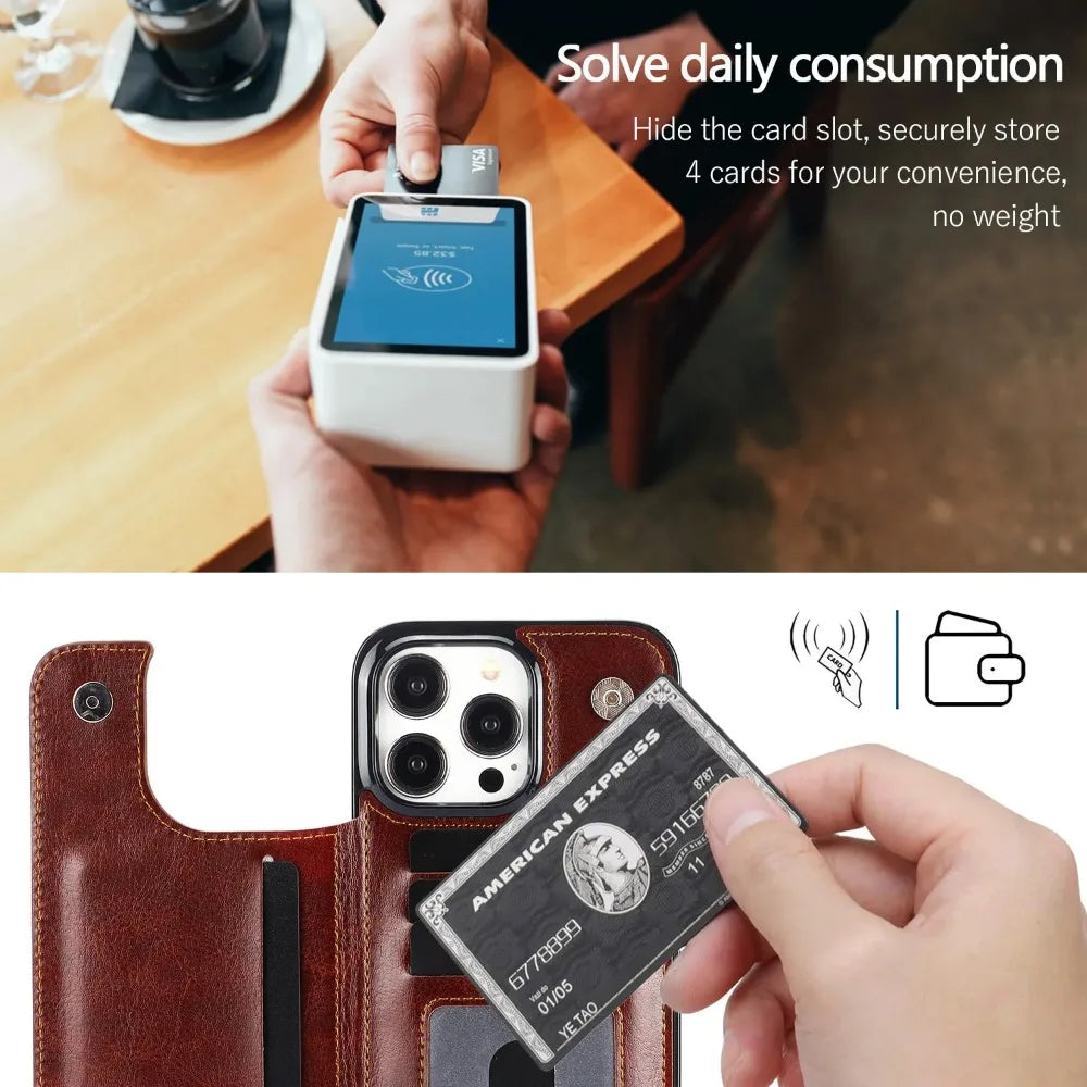 Luxury iPhone Wallet Flip Leather Case — Double Button Card Slot Holder, Stand Function, Full Coverage Shockproof Protection, Non-Slip Durable Design