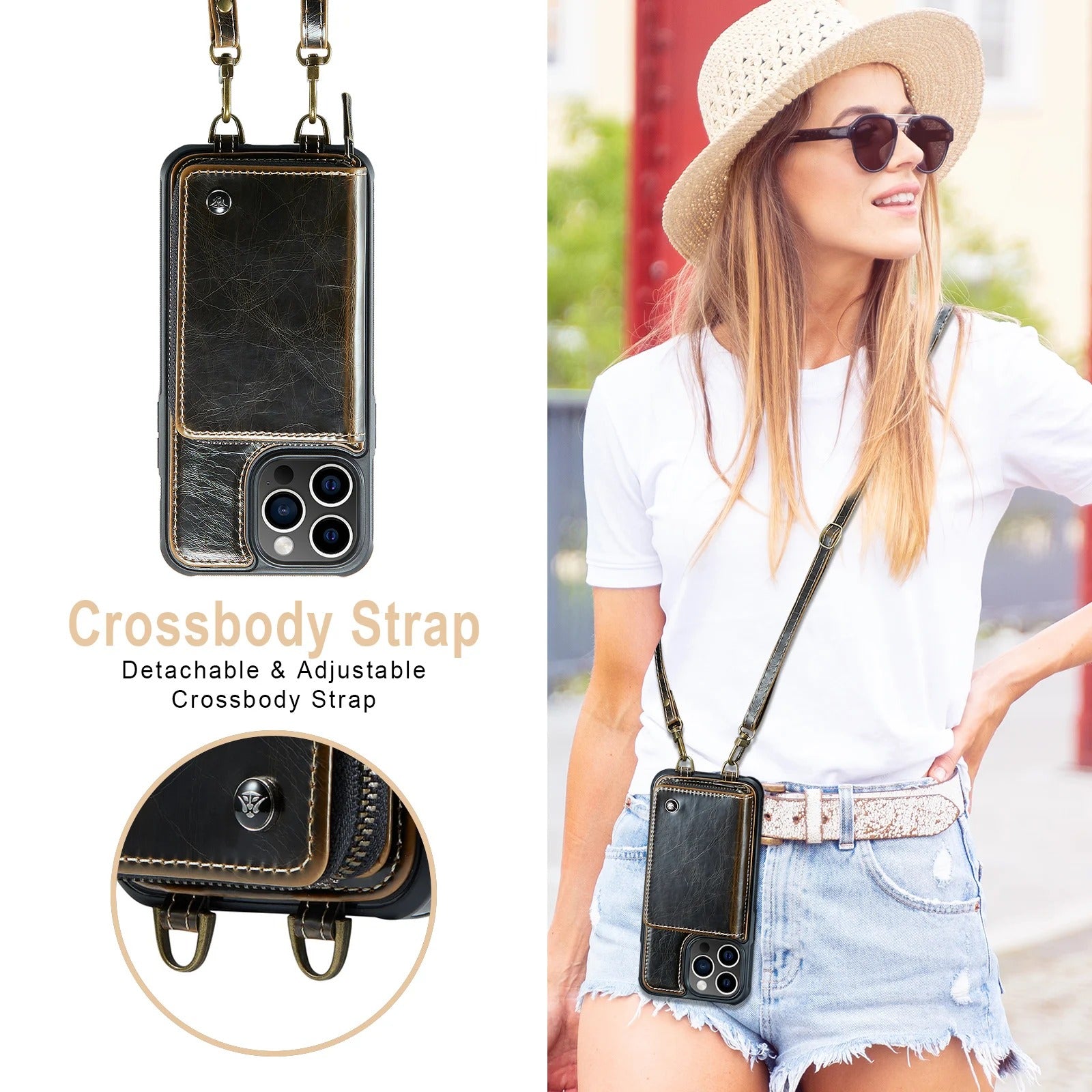 Luxury iPhone Zipper Wallet Case PU Leather Cover — Card Holder Slots, Stand Function, Hand Strap, Shockproof Drop Protection, Anti-Fingerprint Matte Finish