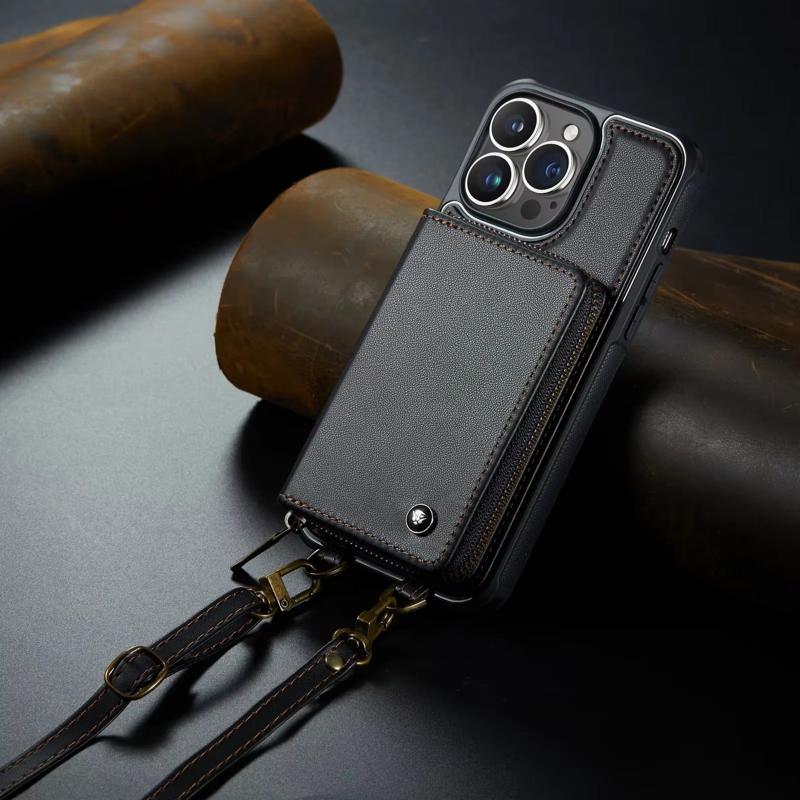 Luxury iPhone Zipper Wallet Case PU Leather Cover — Card Holder Slots, Stand Function, Hand Strap, Shockproof Drop Protection, Anti-Fingerprint Matte Finish