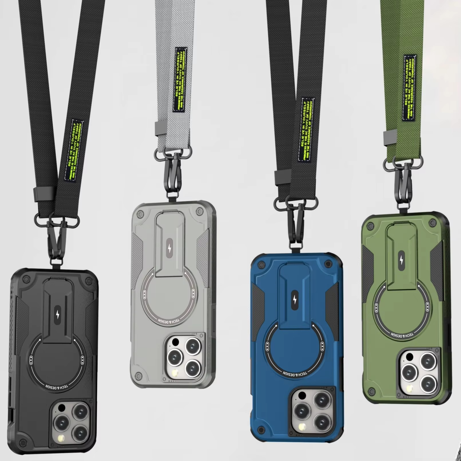 Military-Grade Magnetic Phone Case — Hidden Stand, Shockproof, Anti-Fingerprint, Anti-Scratch, Dual Layer Protection, Lanyard Wristband, Full Coverage