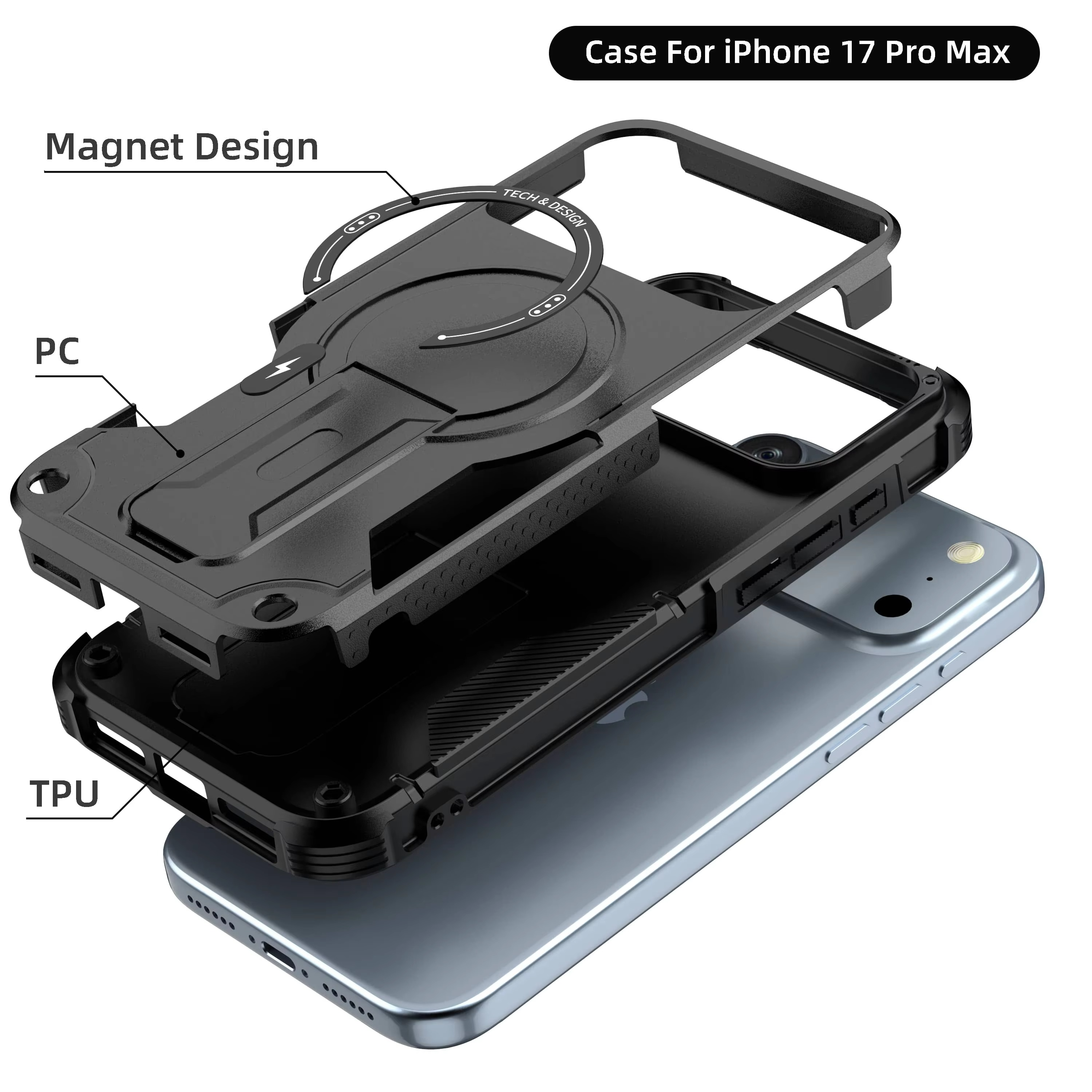 Military-Grade Magnetic Phone Case — Hidden Stand, Shockproof, Anti-Fingerprint, Anti-Scratch, Dual Layer Protection, Lanyard Wristband, Full Coverage