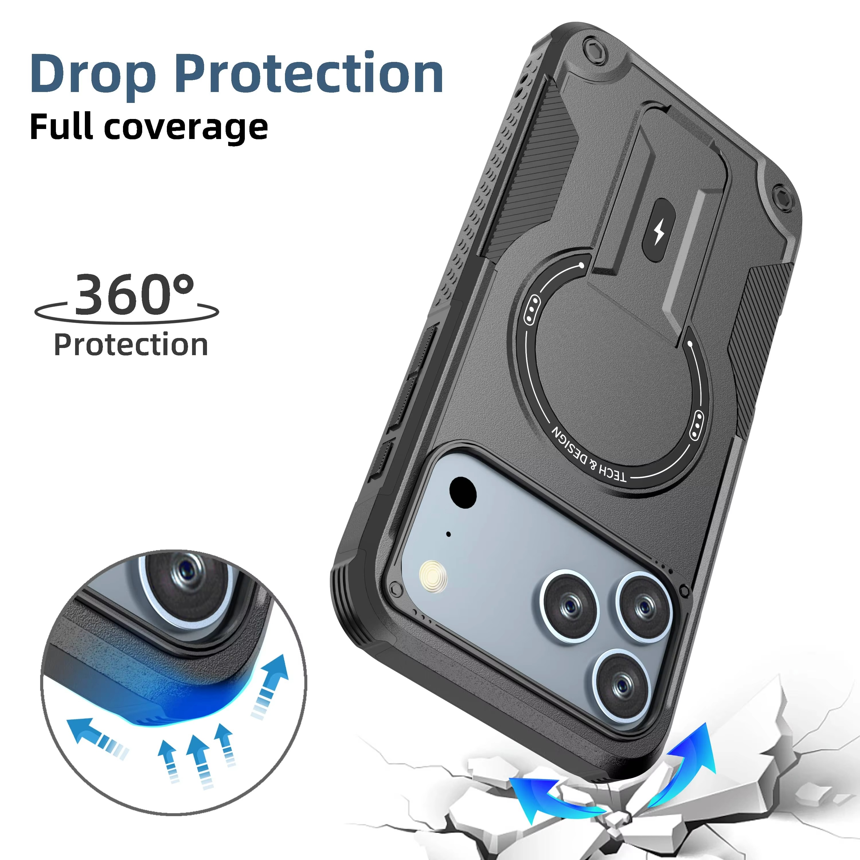 Military-Grade Magnetic Phone Case — Hidden Stand, Shockproof, Anti-Fingerprint, Anti-Scratch, Dual Layer Protection, Lanyard Wristband, Full Coverage