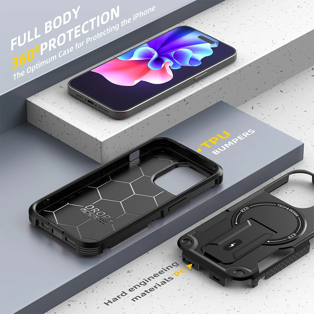Military-Grade Magnetic Phone Case — Hidden Stand, Shockproof, Anti-Fingerprint, Anti-Scratch, Dual Layer Protection, Lanyard Wristband, Full Coverage