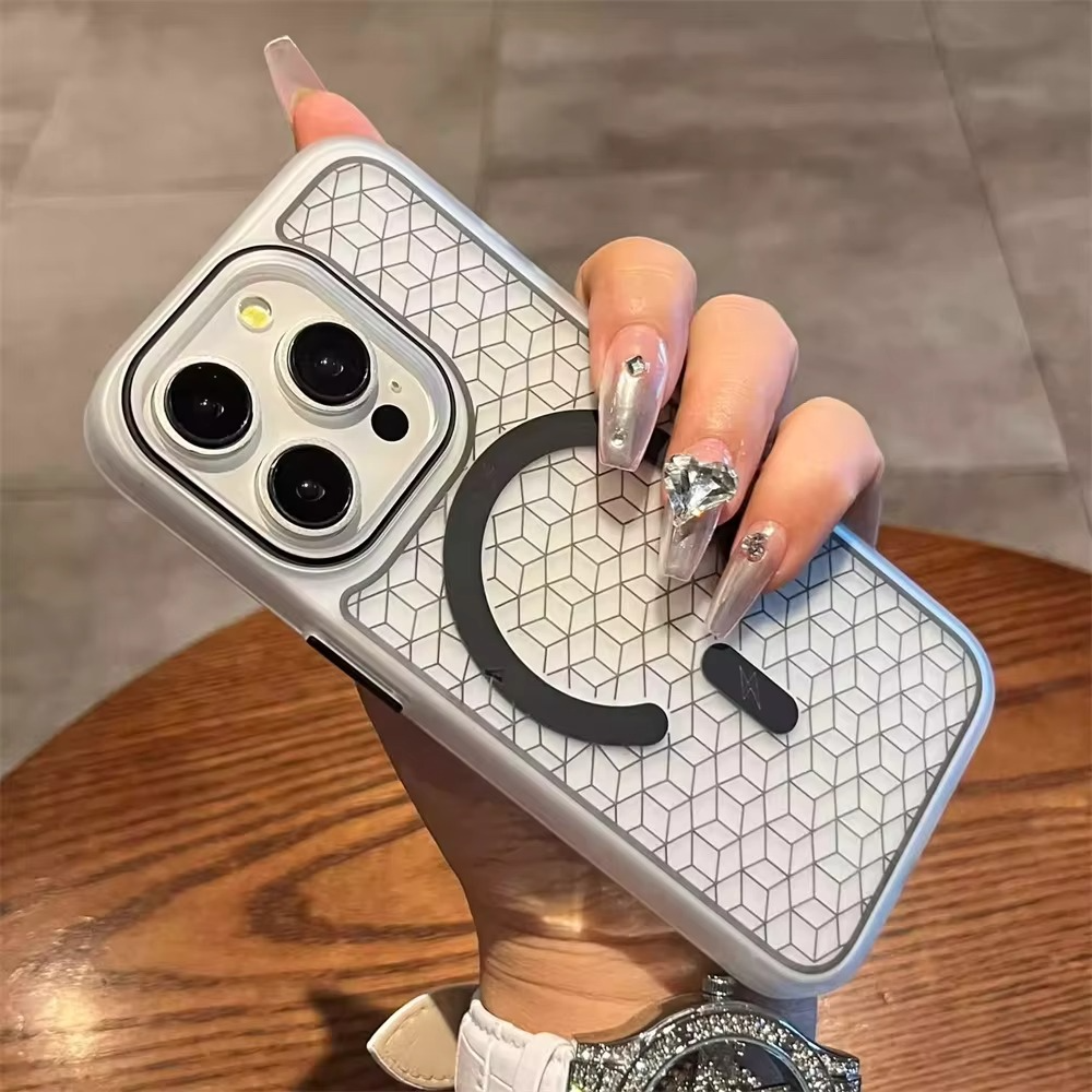 Luxury MagSafe Shockproof iPhone Case — High-Tech Geometric Hard PC Back, Anti-Fingerprint Matte Grip, Wireless Charging Compatible