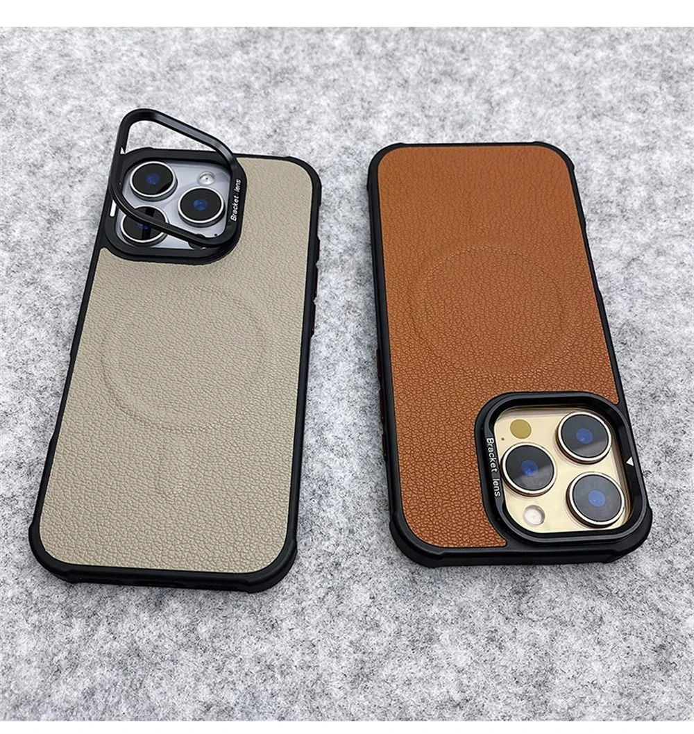Premium MagSafe Magnetic iPhone Case — Metal Lens Kickstand, Leather Texture Grip, Shockproof Anti-Fingerprint Matte Protective Cover