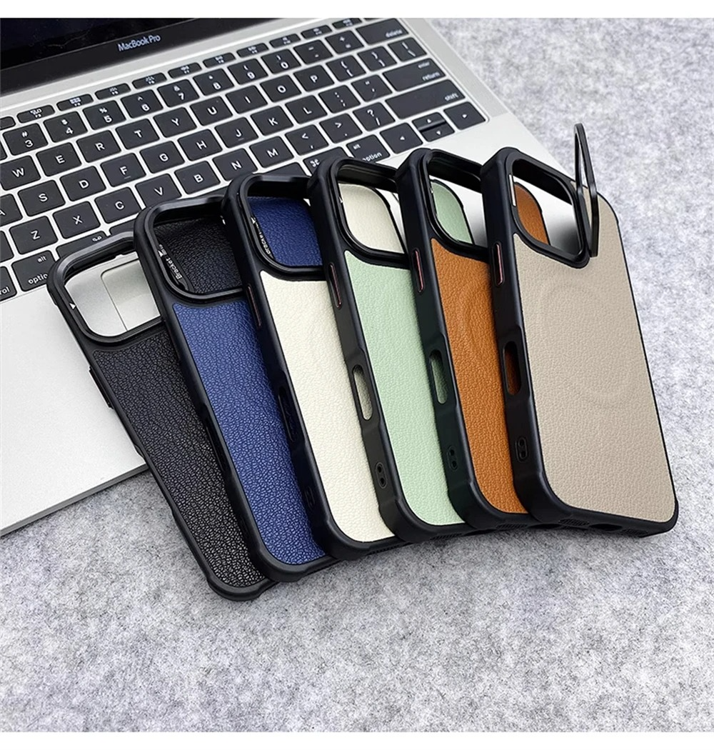 Premium MagSafe Magnetic iPhone Case — Metal Lens Kickstand, Leather Texture Grip, Shockproof Anti-Fingerprint Matte Protective Cover